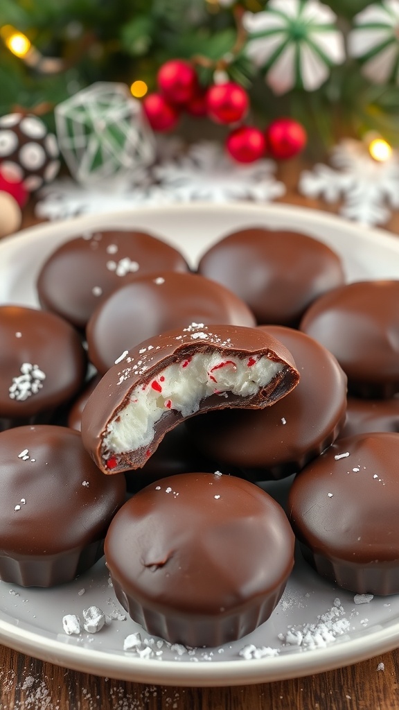 Simple 3-Ingredient Peppermint Patties A plate of chocolate-covered peppermint patties with a creamy filling, set in a festive holiday background.